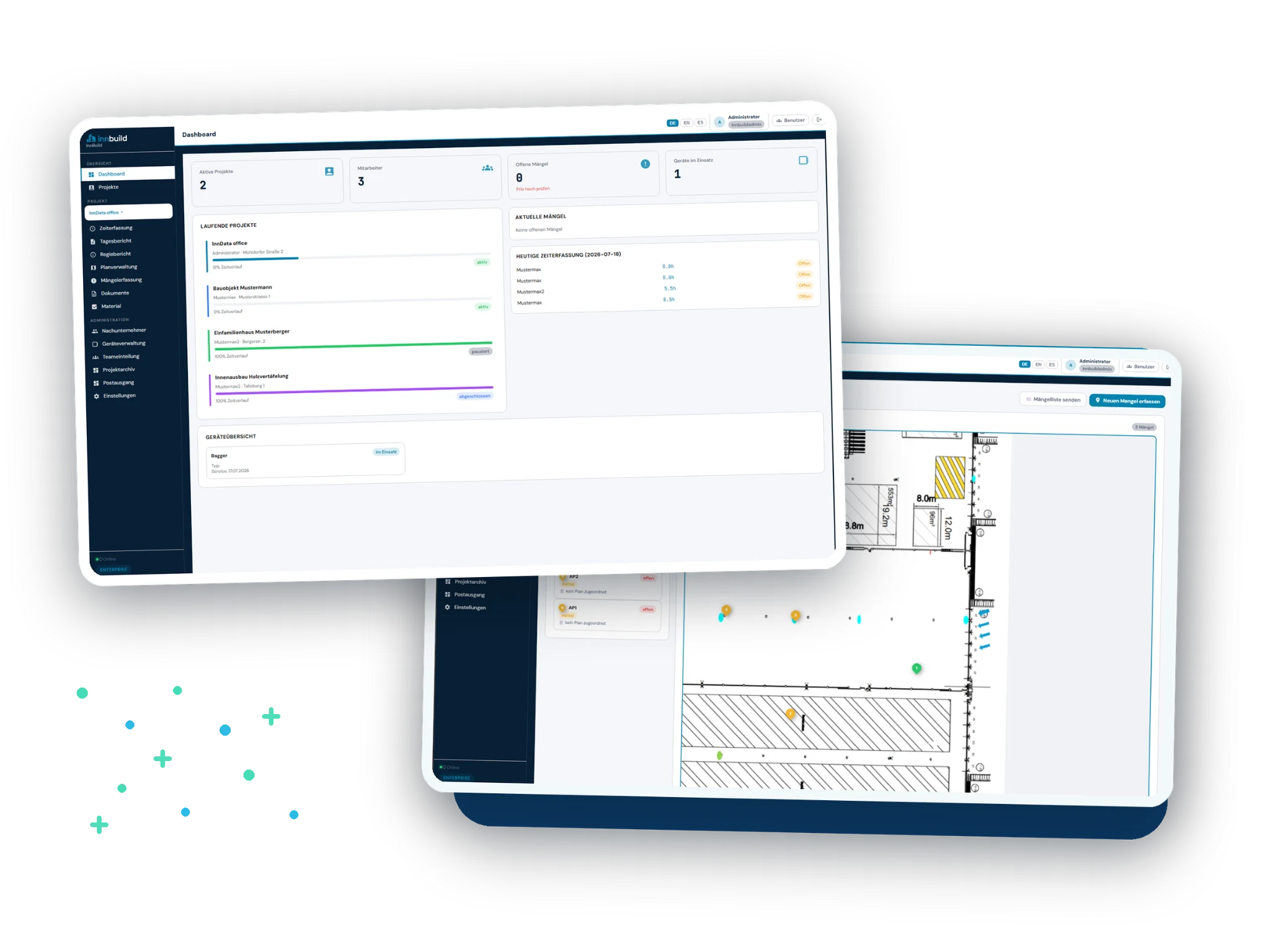 innBuild Dashboard und Mängelmanagement in zwei Anwendungsansichten